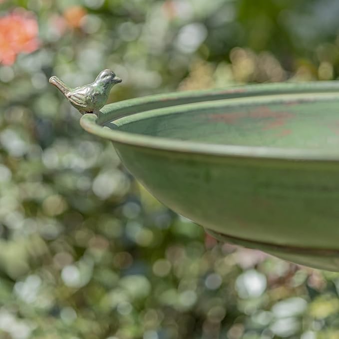 Zaer Ltd. Ornate Metal Pedestal Style Birdbath with Cast Iron Birds on Rim Full Base (Green)