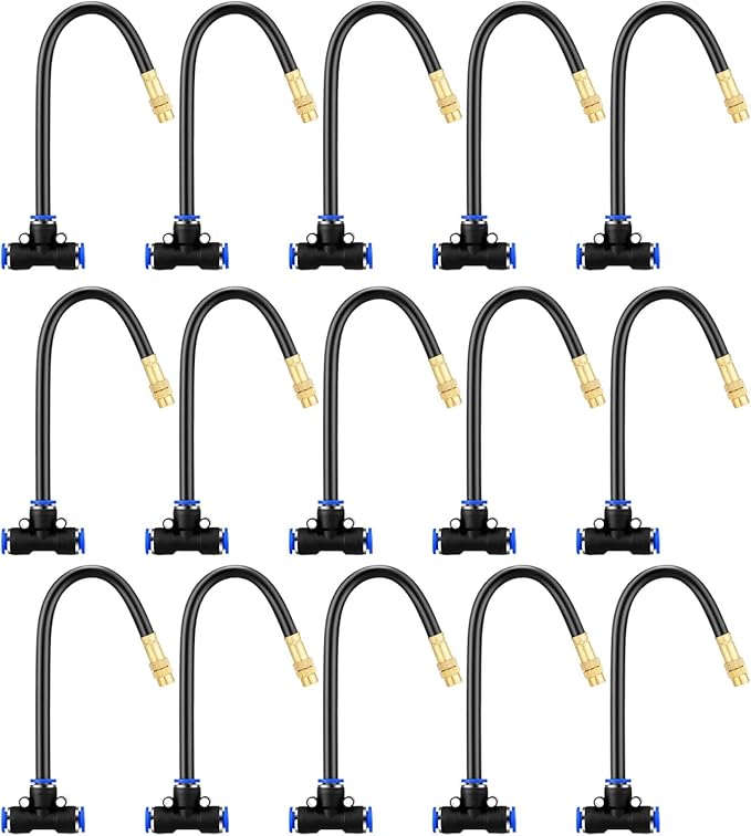Upriver 15 Pcs Brass Misting Nozzles Tee with 8 Inch Built in Hose for 0.315"/8 mm Tubing, 360° Rotation Adjustable Water Mister Nozzle Thread Sprayer for Garden Watering System