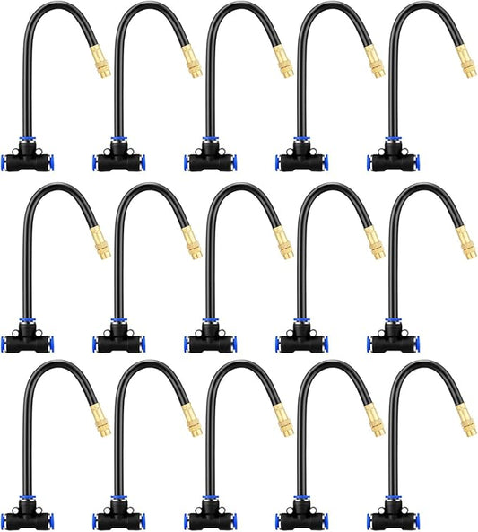Upriver 15 Pcs Brass Misting Nozzles Tee with 8 Inch Built in Hose for 0.315"/8 mm Tubing, 360° Rotation Adjustable Water Mister Nozzle Thread Sprayer for Garden Watering System