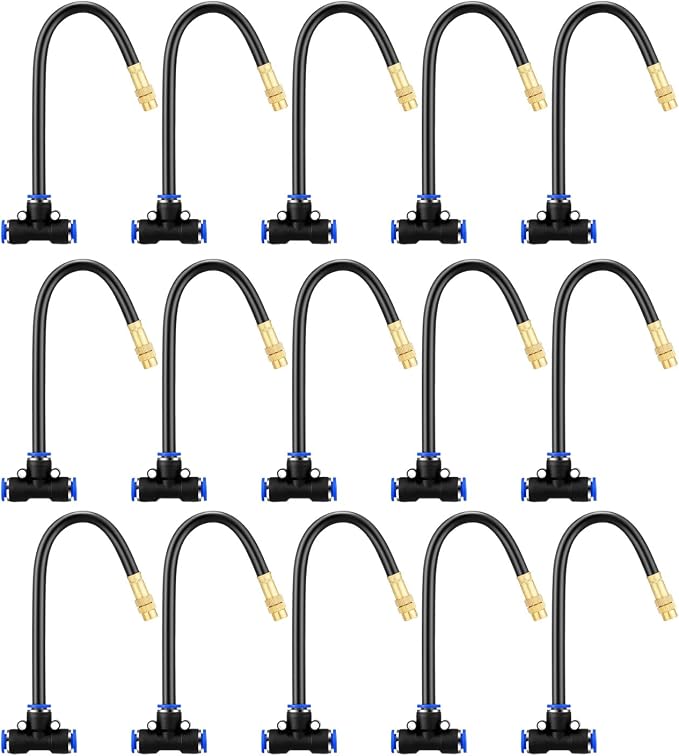 Upriver 15 Pcs Brass Misting Nozzles Tee with 8 Inch Built in Hose for 0.47"/12mm Tubing, 360° Rotation Adjustable Water Mister Nozzle Thread Sprayer for Garden Watering System
