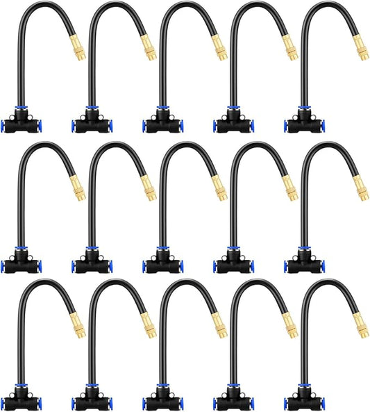Upriver 15 Pcs Brass Misting Nozzles Tee with 8 Inch Built in Hose for 0.47"/12mm Tubing, 360° Rotation Adjustable Water Mister Nozzle Thread Sprayer for Garden Watering System