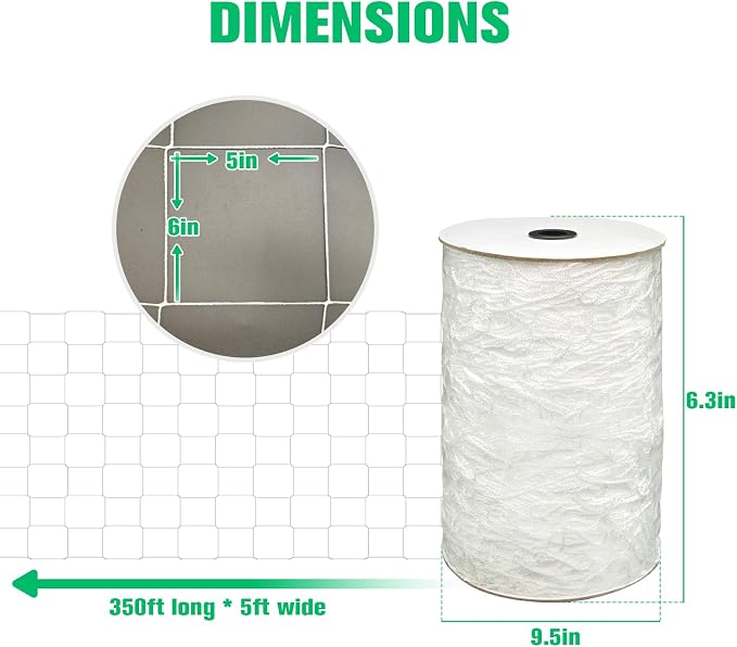 Trellis Netting 5 x 350 ft - Polyester, 6x6 in Soft Mesh, Heavy Duty Garden Netting for Climbing Plants, Cut Flower Support, Garden, Grow Vegetables, Pea, Bean, Grape Vine, Hydroponic (White)