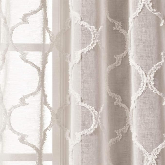 Lush Decor Avon Trellis Grommet Sheer Window Curtain Panels Pair 38" W x 84" L Beige - Sheer Curtains for Living Room - Modern Farmhouse Bedroom Curtains