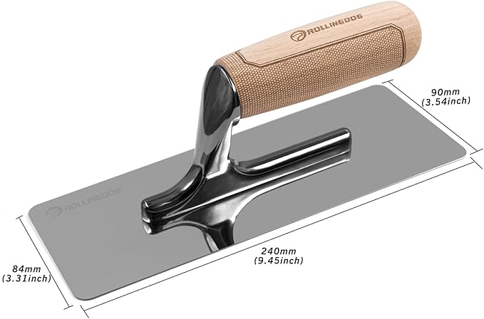 ROLLINGDOG Venetian Plaster Trowel - Mirror Polished 420 Stainless Steel Blade, Ergonomic Beech Handle for Decorative Finish and Polish(9.5inchX3.5inch)
