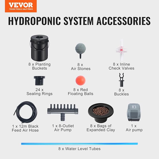 VEVOR DWC Hydroponic System, 5 Gallon 8 Buckets, Deep Water Culture Growing Bucket, Hydroponics Grow Kit with Pump, Air Stone and Water Level Device, for Indoor/Outdoor Leafy Vegetables