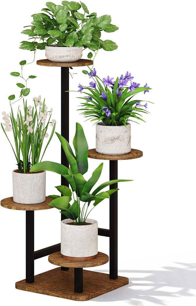 Homsorout Plant Stand Indoor - 4 Tiered Indoor Plant Stand, Metal Plant Shelf Plant Holder, Ideal for Living Room, Garden, Patio, Balcony (Black Brown)