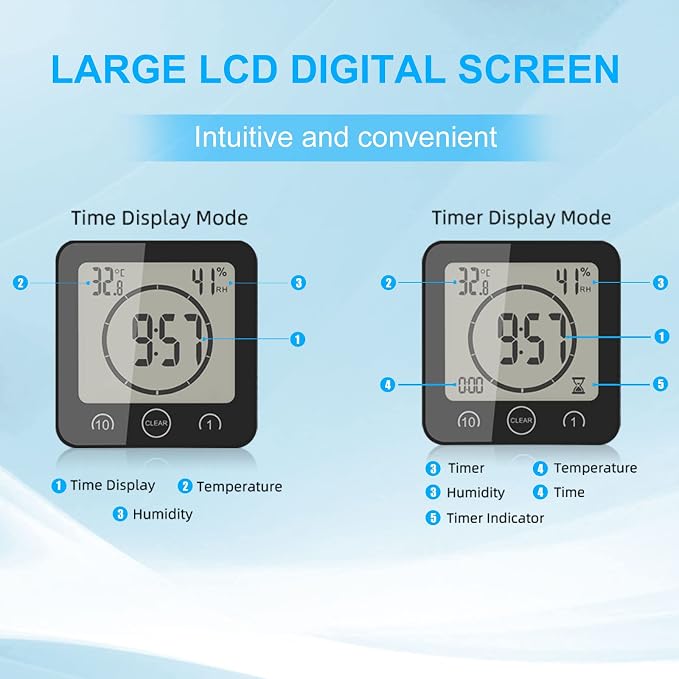 Digital Bathroom Shower LCD Wall Clock with Suction, Waterproof Temperature Humidity Gauge, Touch Screen Timer, Large Countdown Timer (Black)