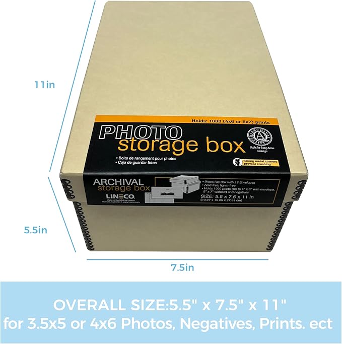 Lineco 4x6 Photo Storage Box, with 12 Envelopes, 5.5x7.5x11, Tan, 2 Pack | Holds Up to 1000 3.5" x 5", or 4" x 6" Pictures, Metal Edge, Archival Organizer for Cards, Prints, Stickers, Stamps, Seeds