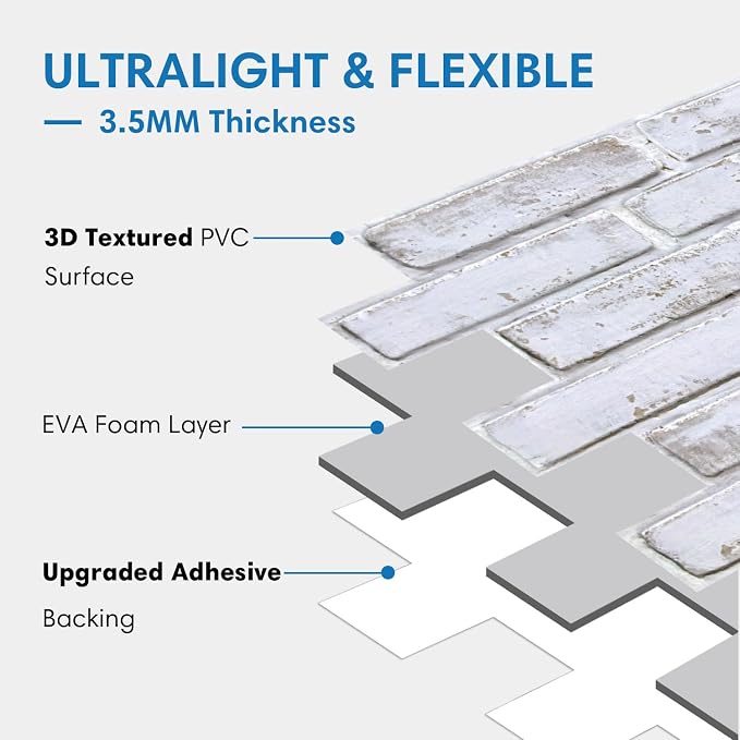 COMSTICKC 3D Whitewash Brick Wall Panel Peel and Stick, 12 pcs of 22.8" x 11.8", DIY UrltraLight PVC Self Adhesive Fake Brick Backsplash Interior Decor,Paintable,Covers 22.48 sq.ft
