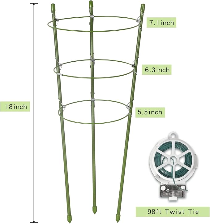 Garmeinea 6 Pack Plant Support Cages 18 Inches Small Tomato Cages and Supports with Adjustable Rings for Garden Pots, Climbing Plants, Bonus 98 Feet Twist Ties