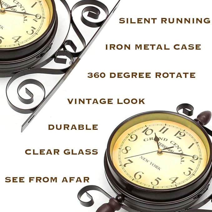 Vintage Double Sided Wall Clock Vintage Industrial Wall Clock for Outdoor Decorative Art Antique Decor Office Kitchen Silent Watches 360 Degree Rotate Antique