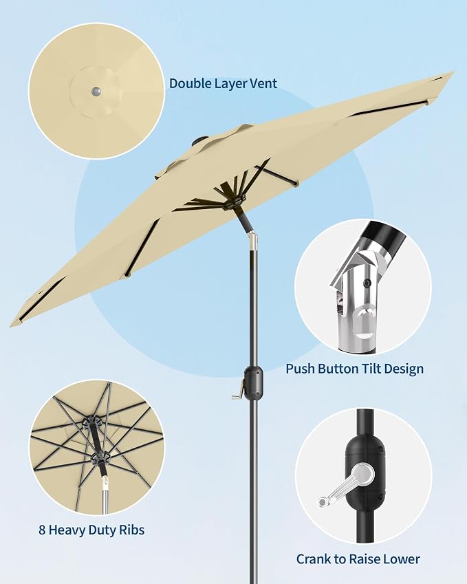 10FT Patio Umbrella Outdoor, Market Umbrella, Table Umbrella with Push Button Tilt and Crank, 8 Sturdy Ribs UV Protection Waterproof for Garden, Pool, Deck, Backyard (Beige)