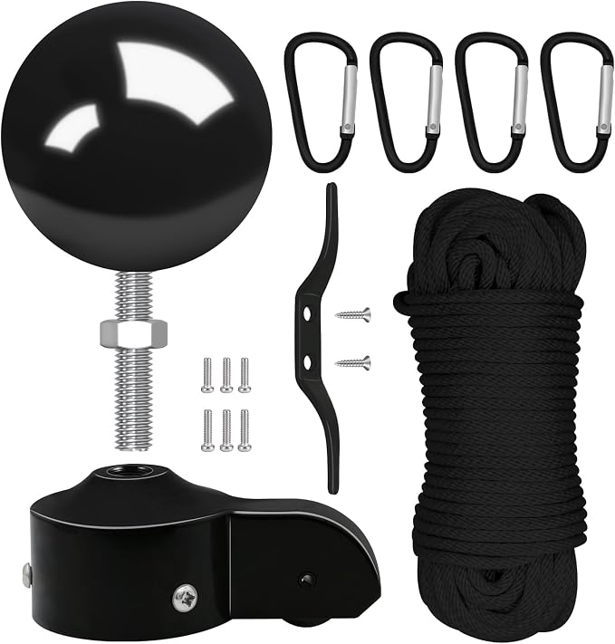 Flag Pole Pulley and Rope kit for 2.3" to 3" Diameter Flag Poles, 50FT Rope, 4" Flag Pole Topper, Cast Aluminum Flag Pole Truck, Metal Snap Clips and Cleat (Black)