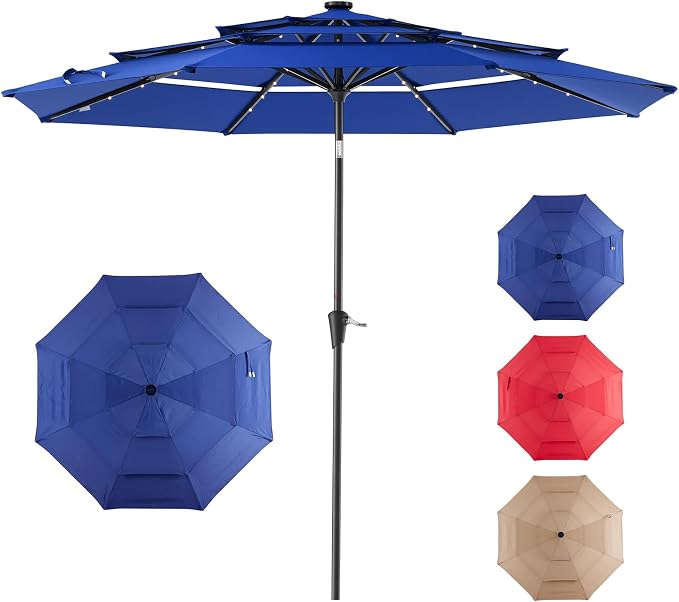 NEWBULIG 10ft Solar Patio Umbrella with 32 LED Lights, Table Market Umbrella with Tilt Adjustment & Crank Lift, Outdoor Sun Umbrella for Garden, Deck, Backyard, Pool and Beach