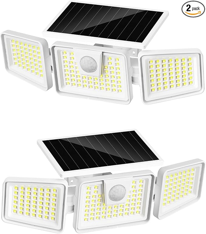 INCX 156 LED Solar Motion Lights Outdoor 2 Pack, 3 Heads Solar Security Lights with Motion Sensor IP65 Waterproof, Flood Lights for Wall, Patio, Garden, Porch, Garage White