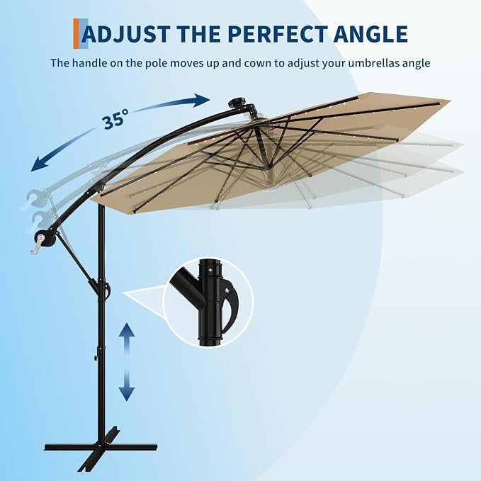 Garvee 10FT Solar Lights Offset Patio Umbrella with Cross Base, Cantilever Umbrella with Easy Lift & Tilt Adjustment, 8 Ribs Sun umbrella UV Protection for Backyard, Pool, Garden, Tan