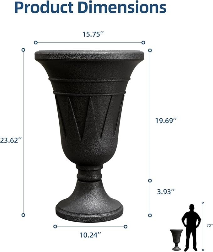 Tall Urn Planters for Outdoor Plants Set of 2-23.6" H Vintage Trophy Design Outdoor Planters for Porch Decor with Drainage Hole, Indoor Large Flower Pots, Pedestal Planter/Garden Vase, Black