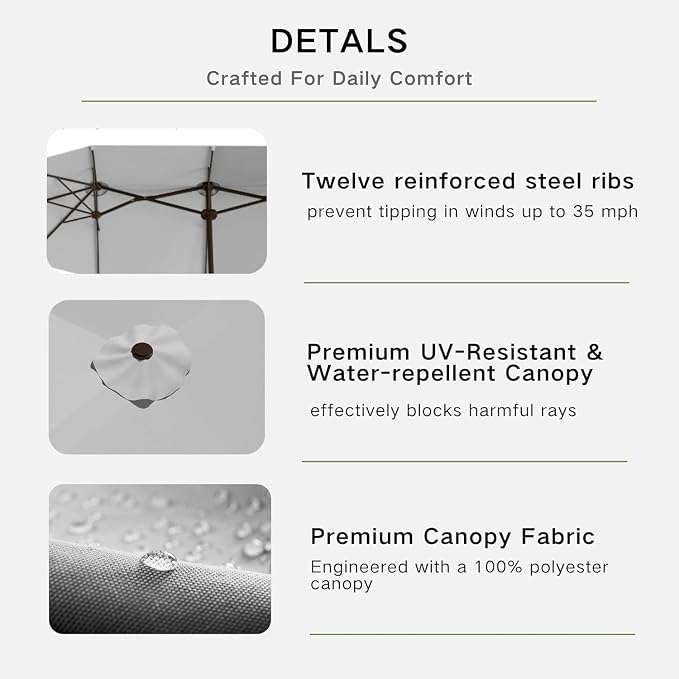 Kingdura 15ft Large Patio Umbrella with Base Included, Double-Sided Rectangle Outdoor Table Umbrella with 12 Reinforced Ribs, Crank Lift for Market Pool Deck Backyard, Light grey