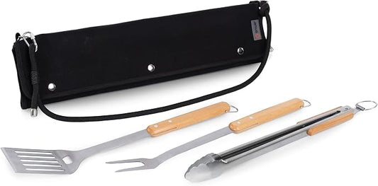 PICNIC TIME BBQ Roll Up 3 Piece Set, Outdoor BBQ Accessories with Black Canvas and Beechwood Tools, Grilling Accessories for Barbecue, BBQ Tools & Grill Set with Durable Canvas Tote and Strap, (Black)