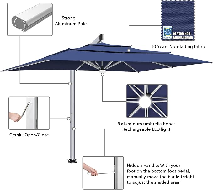 EliteShade USA Atlas 3-Tier 10x13FT Full Aluminum Cantilever Patio Umbrella for Outdoor Restaurant Garden Courtyard Deck Pool and Marketing with Light (No battery), Navy Blue