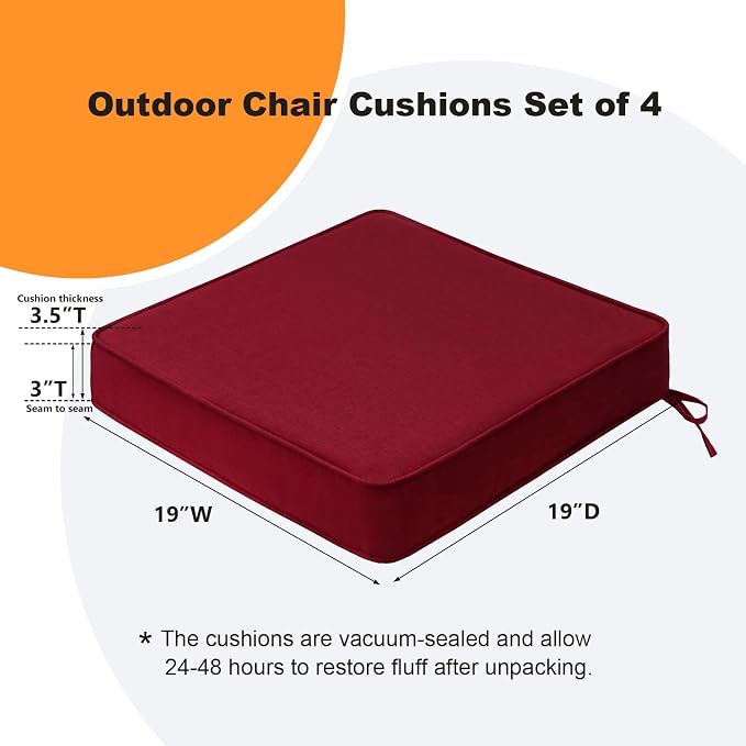 Square Corner Seat Cushions, 19" x 19" x 3", Set of 4, Indoor Outdoor Water Repellent Universal Chair Pads with Ties for Patio Furniture, Garden Deck Dining Chairs, Red
