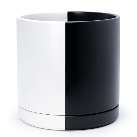 D'vine Dev 12 Inch Ceramic Planter Pot with Drainage Hole and Saucer, Indoor Cylinder Round Planter Pot, Split Monochrome Black & White, 94-O-F-0