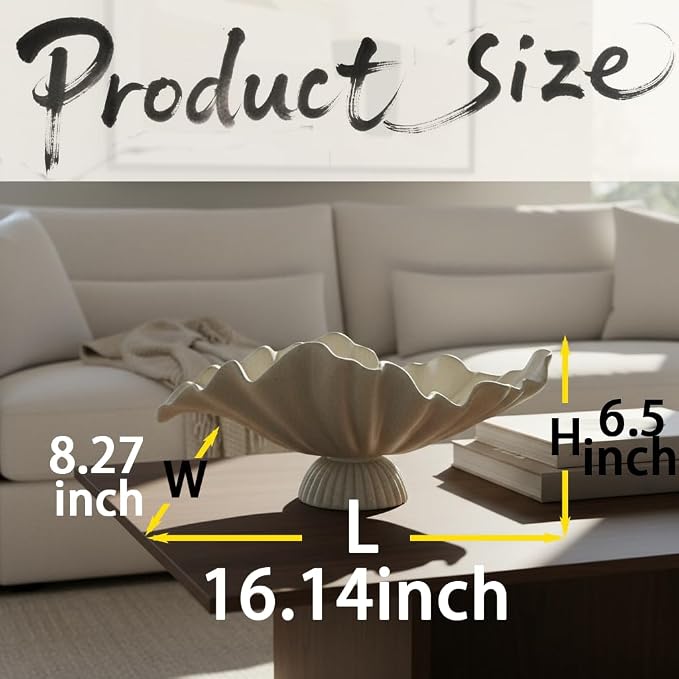 16" Large Decorative Bowl decor, Modern Home Decoration Scallop Bowl,Fashion Key Bowl for Entrance Table, Decorative Fruit Bowl for Kitchen Counter, Ruffle Decor, With Base, Light Gray