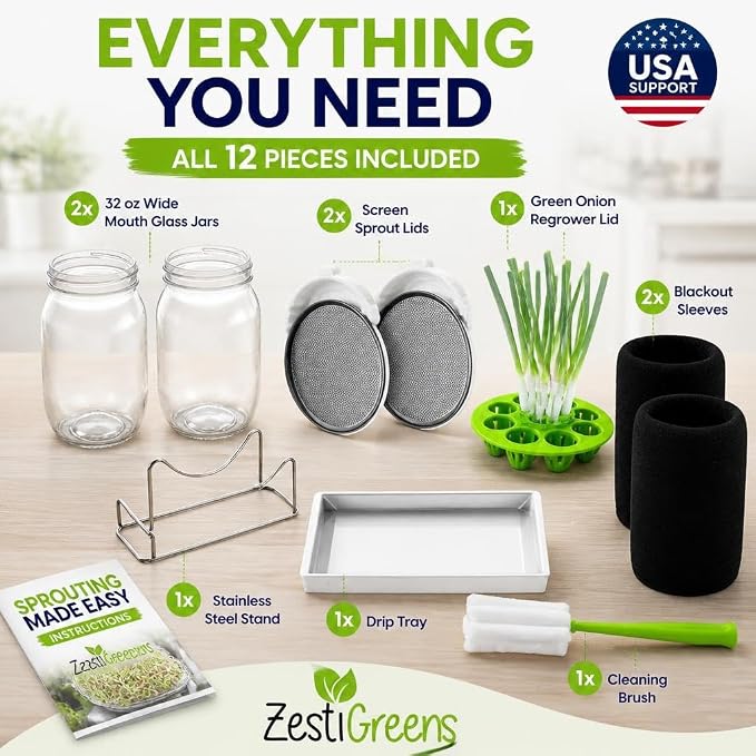 Sprouting Jar Kit - 2 Wide-Mouth Mason Jars with Stand and Sprout Lids | Green onion regrower, sprout lids and drain tray for growing broccoli, alfalfa and mung bean sprouts