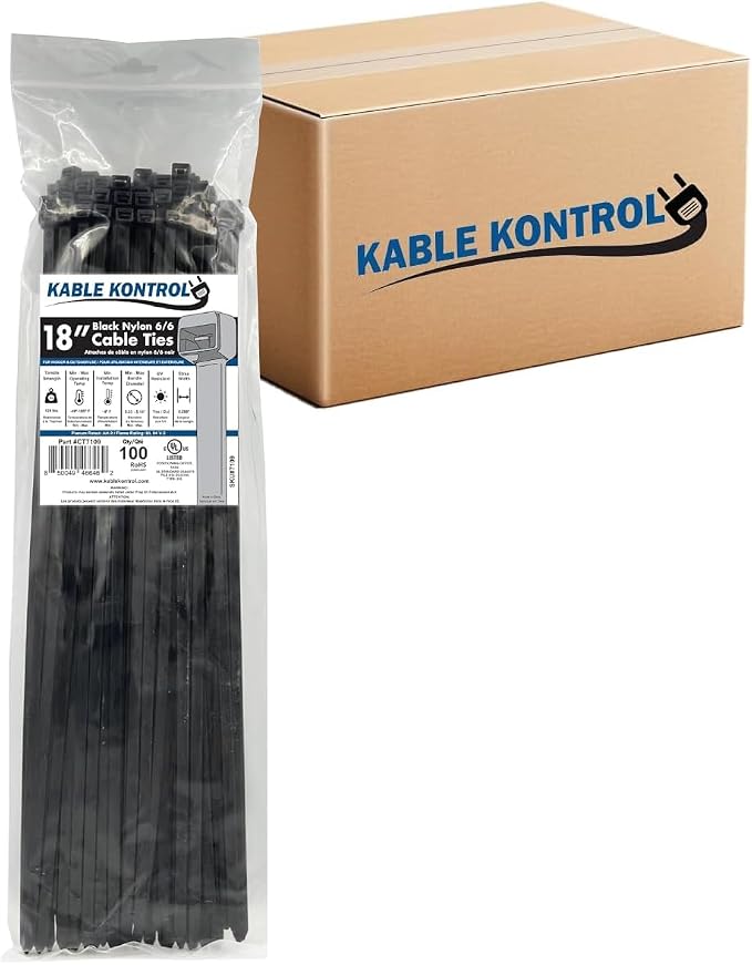 Kable Kontrol Cable Zip Ties Black 2,800 Pcs 18 Inch, 120 Lbs Tensile Strength, Bulk Pack, Self-locking UV Resistant Plastic Nylon Wire Ties, for Indoor or Outdoor Use