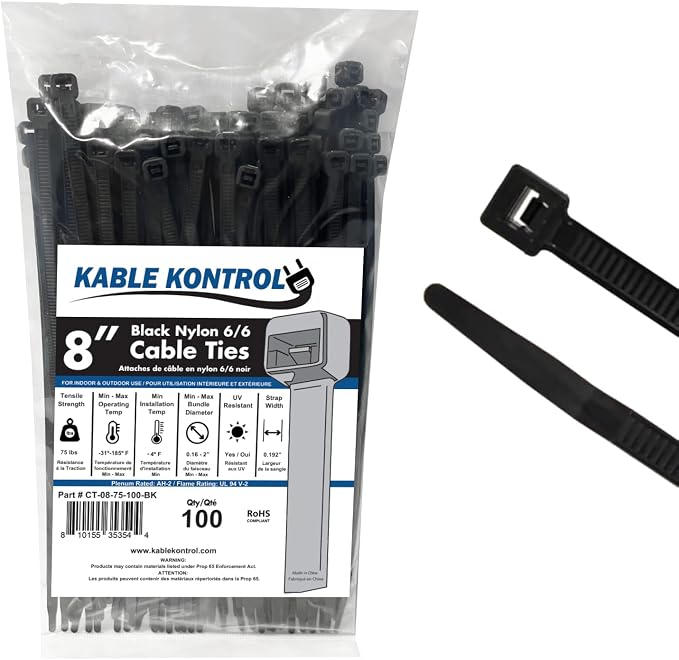 Kable Kontrol Black Zip Ties 8 Inch 100 Pcs, 75 Lbs Tensile Strength, Self-locking Nylon Cable Ties Wire Wraps for Indoor or Outdoor Use