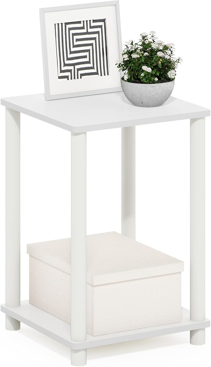Furinno Turn-N-Tube Side Table, 2-Tier Modern Square End Table with Open Shelf, Toolless Night Stand, Bedside Table, for Living Room, Bedroom, White