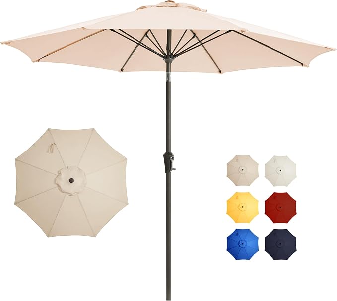 9FT Large Outdoor Patio Umbrella Market Table Umbrella-UV Resistant, Easy Push Button Tilt and Crank, 8 Sturdy Ribs Heavy-Duty Pool Umbrella for Deck,Beige