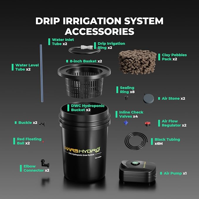 MARS HYDRO DWC 4‑Bucket Hydroponic System with Pump & Drip | 5 Gallon Capacity, 11W Air Pump, Air Stone & Hose, Recirculating Top Drip, Deep Water Culture Design