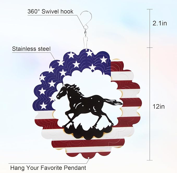 Horse Wind Spinner, 4th of July Decorations,Unique Birthday Horse Gifts for Women Men Mom, Metal Yard Art with American Flag, Patriotic Outdoor Decor for Garden, Porch or Patio(12 Inch)