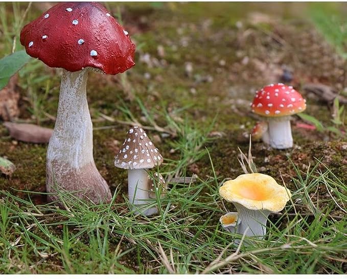 6 PCS Mushroom Decor Fairy Garden Accessories Outdoor - Assorted Sizes Resin Garden Mushrooms, Colorful Mushroom Figurines Yard Art Ornaments for Lawn, Patio, Plant Pot Decor (Four Set)