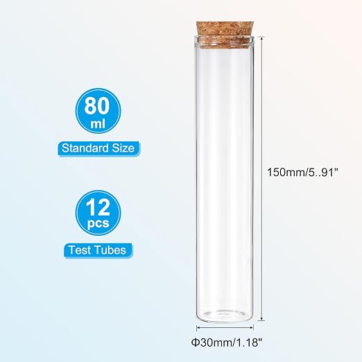PATIKIL 80ml Test Tubes, 12pcs 5.91x1.18 Glass Clear Flat Bottom Test Tube Containers with Cork Stopper for Bead Party Candy Bath Salt Storage Scientific Experiment Plant Propagation