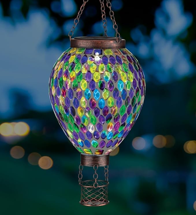 Regal Art & Gift Hot Air Balloon Solar Lantern – Hanging Solar-Powered LED Lights, Waterproof Portable Decorative Outdoor Lamp Made of Metal & Glass for Garden, Patios & Pathway - Mosaic Multi