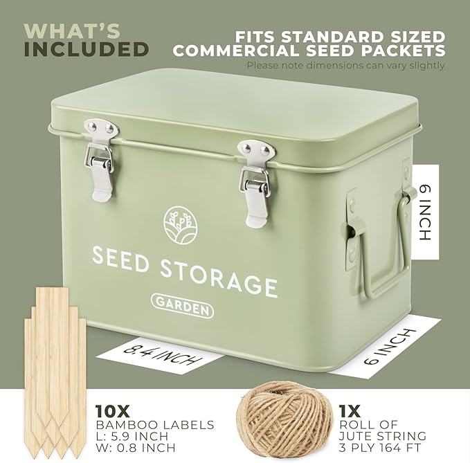 Seed Storage Box – Metal Seed Packet Organizer with Garden String and Bamboo Plant Labels. Seed Container Storage delivering complete Seed Saving Organization for every Garden Lover.