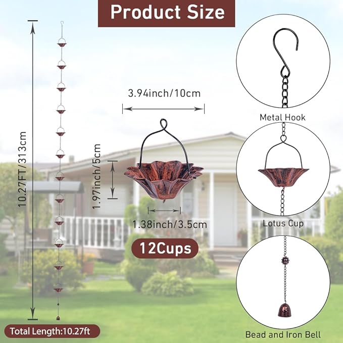 10FT Lotus Rain Chain, Rain Chains for Gutters with 12 Cups, Adjustable Rain Catcher Chain with Bell for Eaves Drainage, Replacement for Downspout