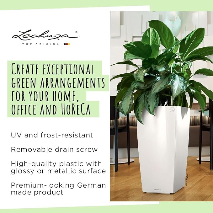 Lechuza CUBICO 40 Black High Gloss, Self-Watering Tall Planter, H29.5 L15.7 W15.7 in