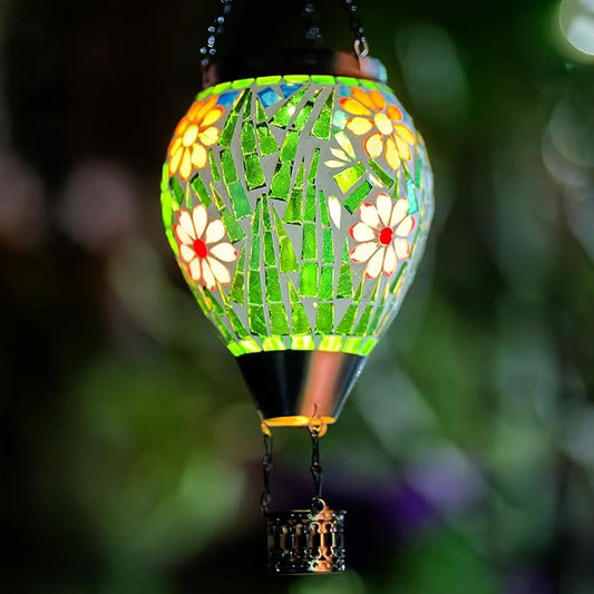 Hot Air Balloon Solar Lantern for Garden, Yard, Patio Decor | Handmade Glass, Hanging Outdoor Lanterns Waterproof, Decorative Solar Light