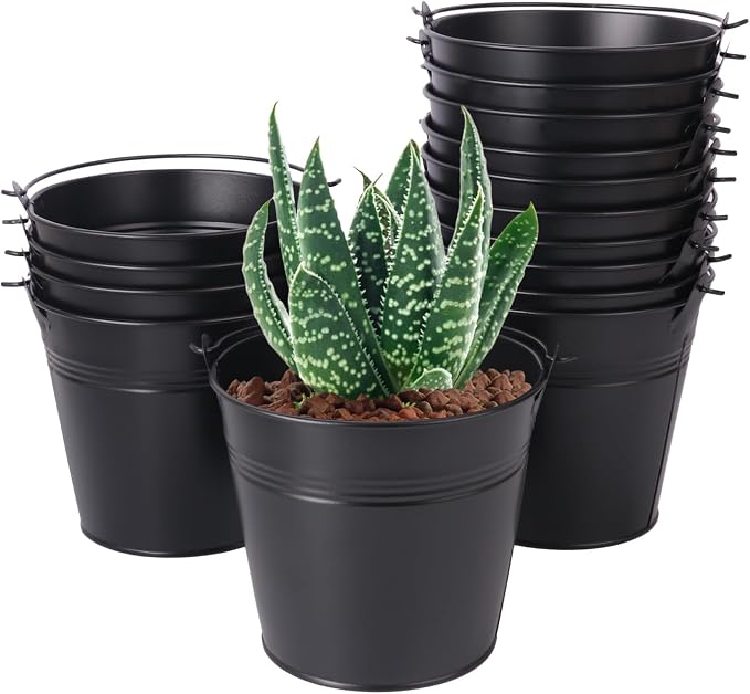 15 Pack 5.1" Black Metal Bucket, Black Tin Buckets with Handles, Small Iron Bucket, Metal Pail for Party Favors, Crafts, Garden & Beach