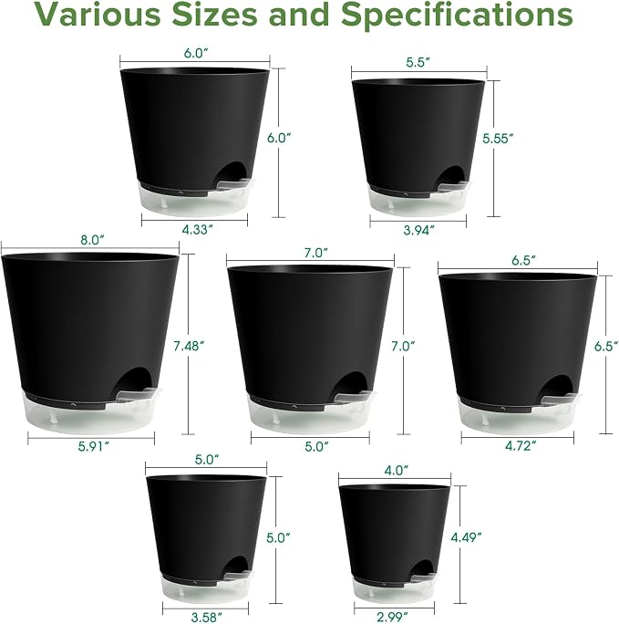GARDIFE 2026 Upgraded Self Watering Plant Pots with Drainage Hole, 8/7/6.5/6/5.5/5/4 Inch Flower Planting Containers for House Plants, African Violet, Flowers, Cactus (Black, 8+7+6.5+6+5.5+5+4 inch)