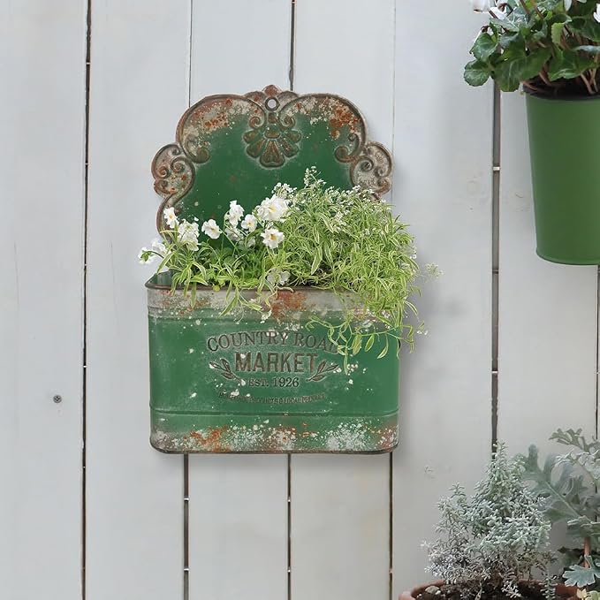 All Chic Metal Wall Planter Outdoor Wall Hanging Planter Rustic Wall Mount Planter Outdoor Wall Planter for Farmhouse Garden Decor (Green)