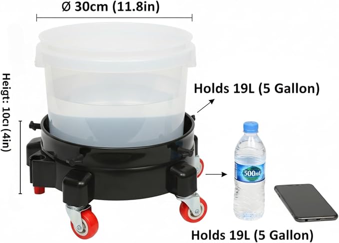 5 Gallon Bucket Dolly with 2 Lockable Swivel Casters, Adjustable Side Screws Secure Bucket, 300LB Capacity, Smooth Rolling Mobile Base, Easy Assembly for Car Wash Detailing & Gardening