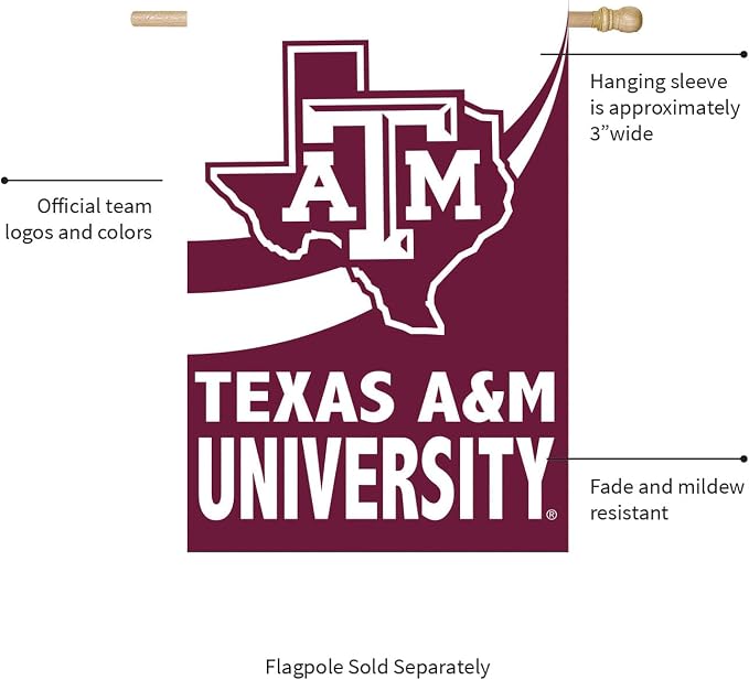 NCAA Texas A&M House Flag, 28 x 44, Double Sided Garden Flags for Outside, Outdoor College Flags & Banners for Gardens Patio, Indoor Wall Decor Flag for Room