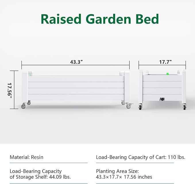 Vixzen Raised Garden Bed with Wheels Outdoor,Resin Weatherproof Planter Box with Drain Hole and Water Level Detector,for Planting Plants Vegetables(Ashen, 43.31 * 17.72 * 17.56)
