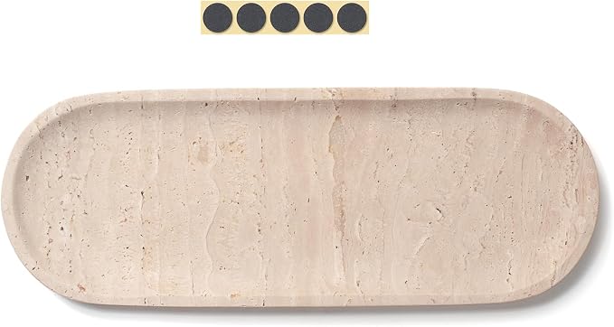 Oval Travertine Stone Tray for Jewelry, Candles, Perfume, Decorative Marble Bathroom Tray for Countertop Organizer 11.8inch x 4.3inch x 0.7inch
