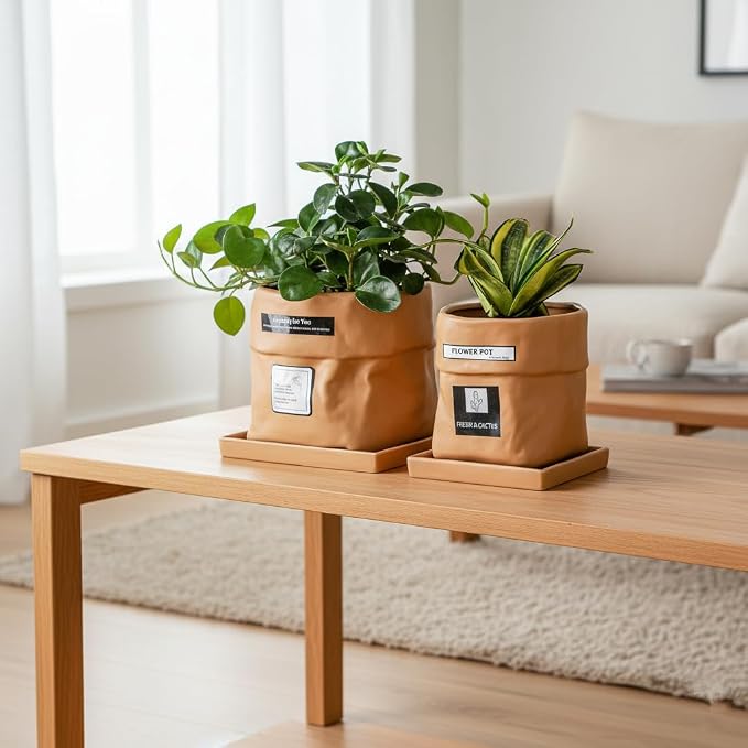 Nihow 6 Inch Ceramic Plant Pot with Drainage & Square Saucer, Terracotta | Bag Shape Design,Indoor & Outdoor,Living room/Office/Bedroom/Windowsill/Tabletop,Plant Lovers/Gardeners/Beginners