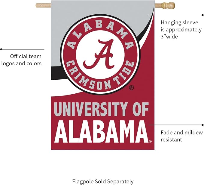 Team Sports America NCAA University of Alabama House Flag, 28 x 44, Double Sided Garden Flags for Outside, Outdoor College Flags & Banners for Garden Patio, Indoor Wall Decor Flag for Room
